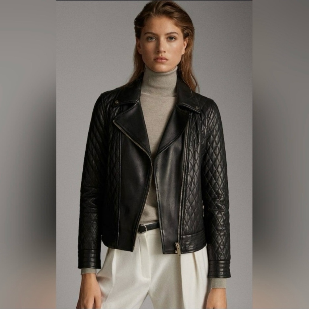 Massimo Dutti Black Quilted Leather Jacket, S